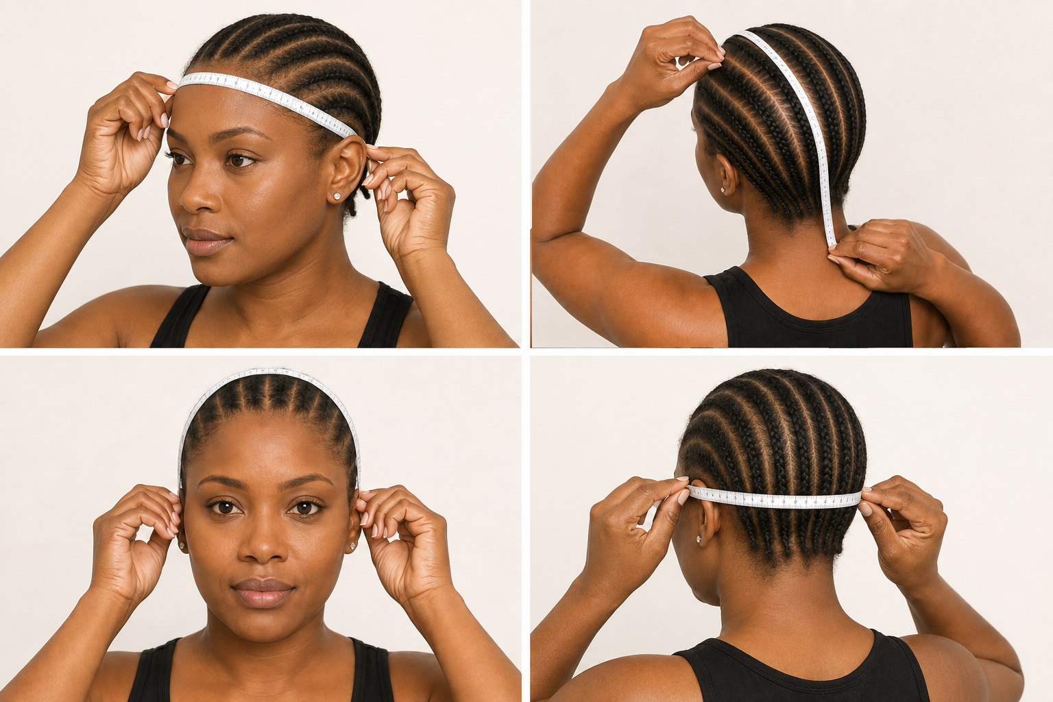 Four wig cap measurements: circumference, front to nape, ear to ear and temple to temple