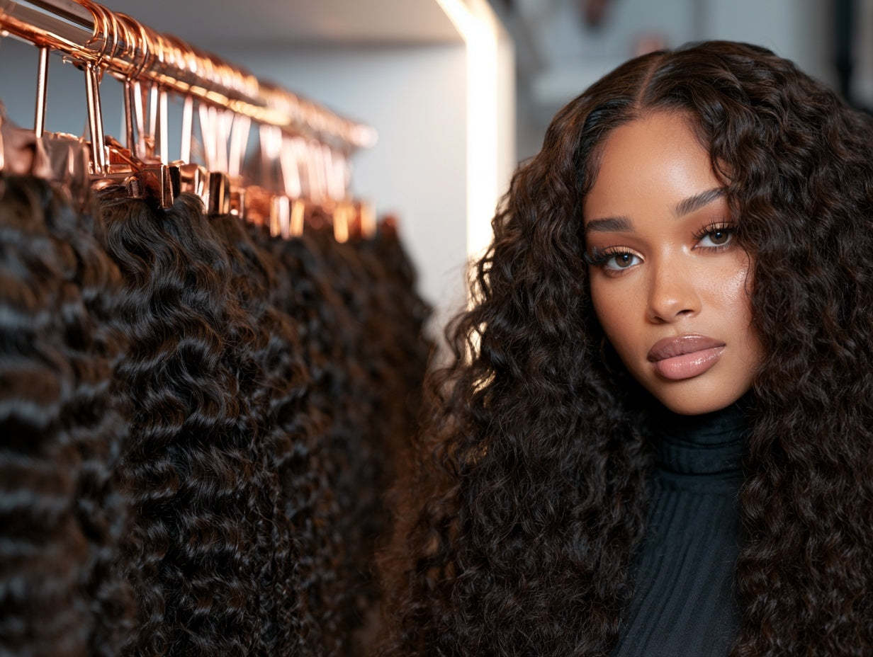 Woman wearing long dark waves beside a display of hair extensions
