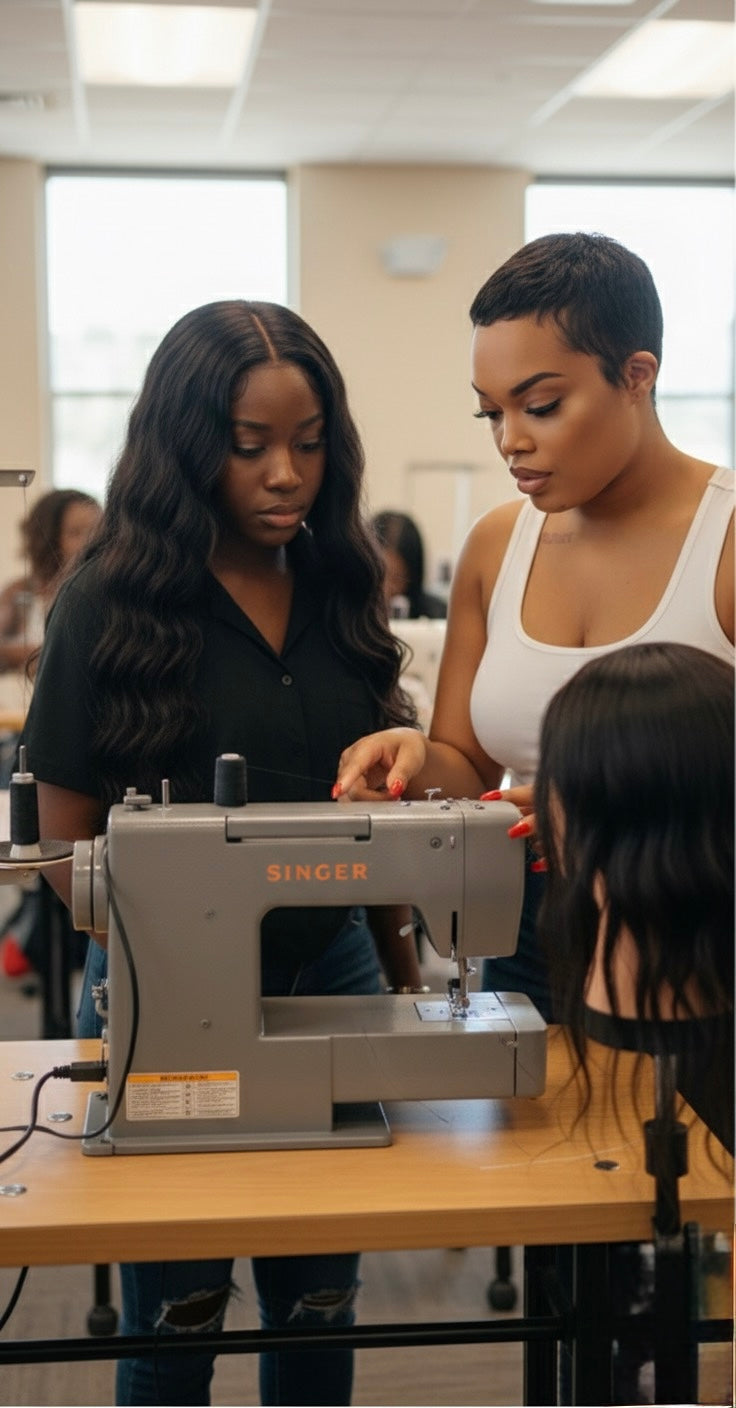 Che, founder of Buttah Baby Hair Imports, teaching machine wig construction